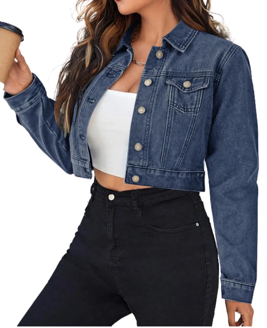 Grabsa Women’s Button Down Long Sleeve Cropped Denim Jean Jacket with Pockets | Classic Casual Style in Cotton (70-120c)