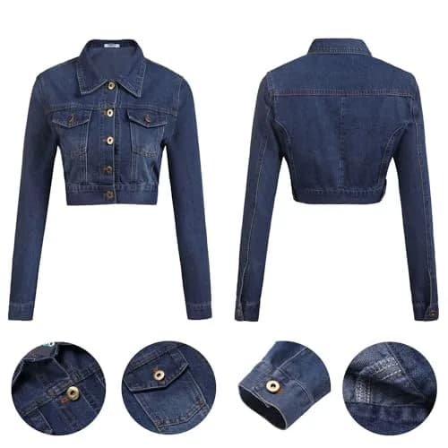 Grabsa Women’s Button Down Long Sleeve Cropped Denim Jean Jacket with Pockets | Classic Casual Style in Cotton (70-120c) thumbnail 6