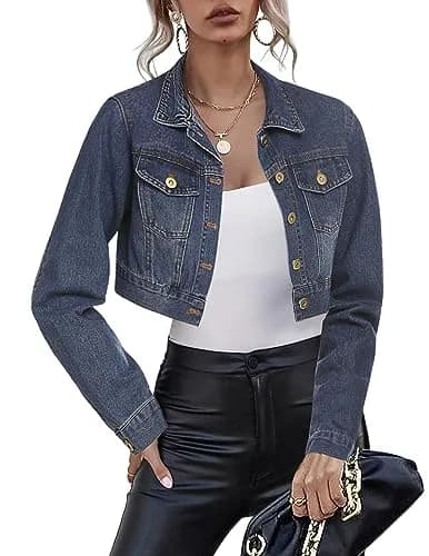 Grabsa Women’s Button Down Long Sleeve Cropped Denim Jean Jacket with Pockets | Classic Casual Style in Cotton (70-120c) thumbnail 2