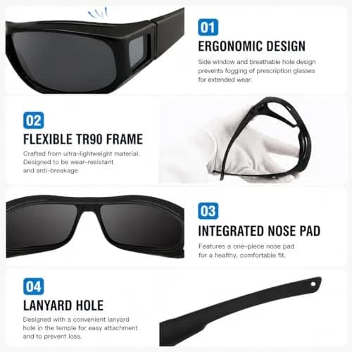 JIANGTUN Fit Over the Glass Sunglasses Size M Black Frame Grey Lens | Polarized UV400 Protection thumbnail 3