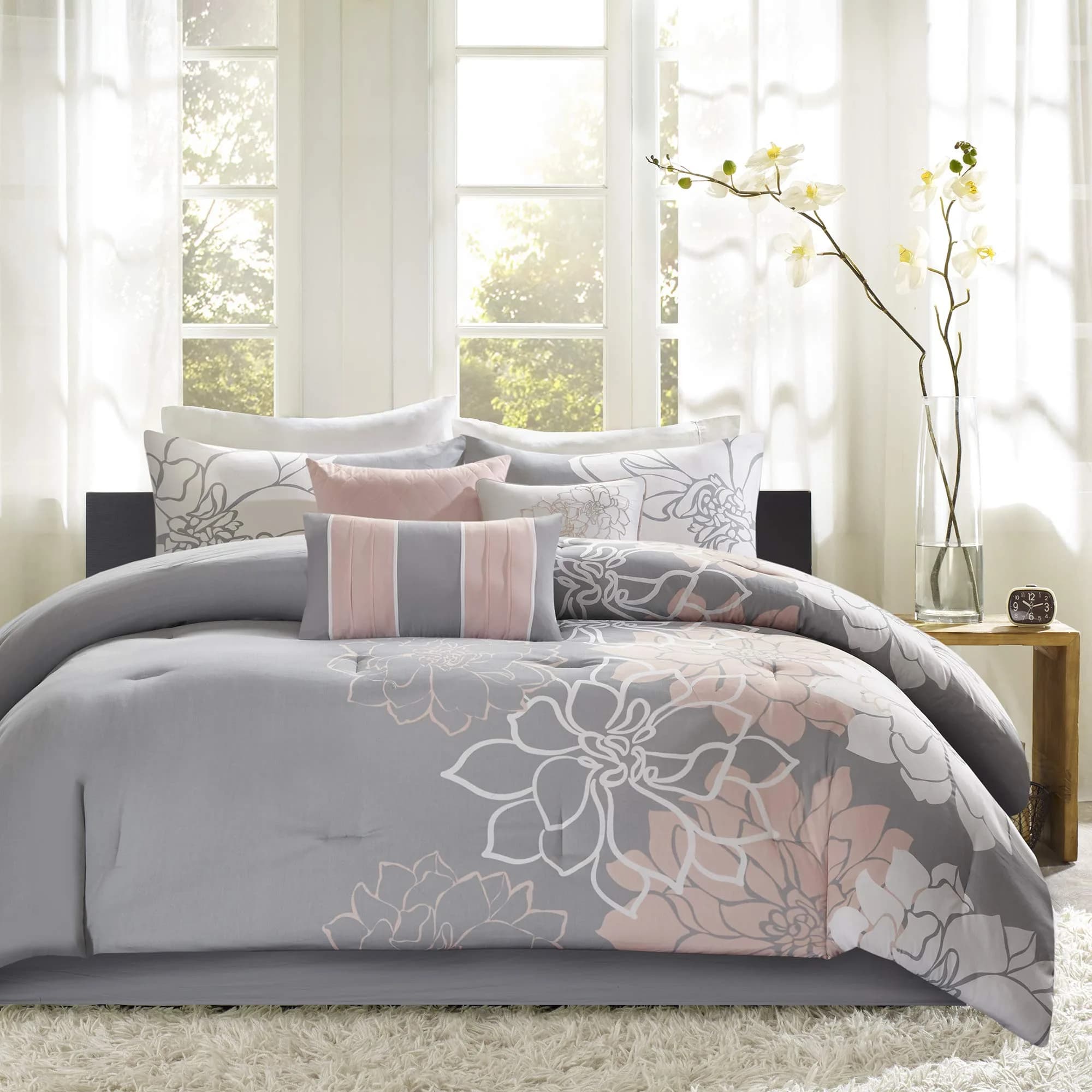 Madison Park Lola Sateen Cotton Comforter Set-King | All Season Floral Bedding with Hypoallergenic Fill — Taupe Grey/Peach / California King