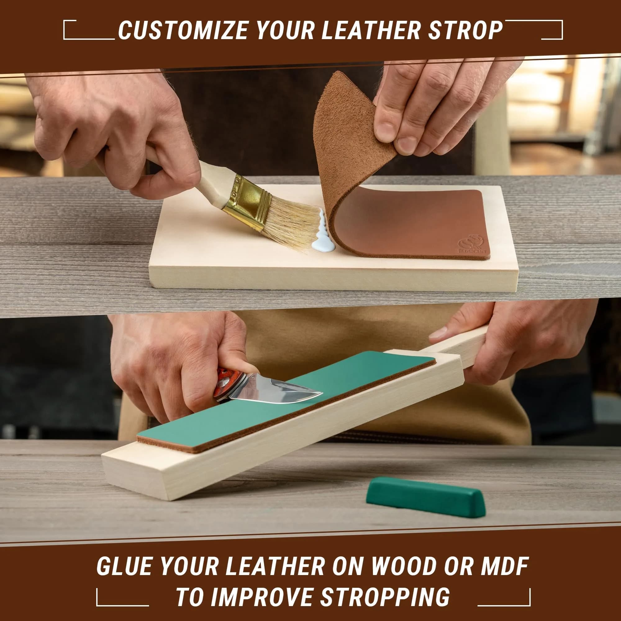 BeaverCraft Leather Strop for Knife Sharpening LS2P1 - 20cm (7.87 IN) with Honing Compound - view 6