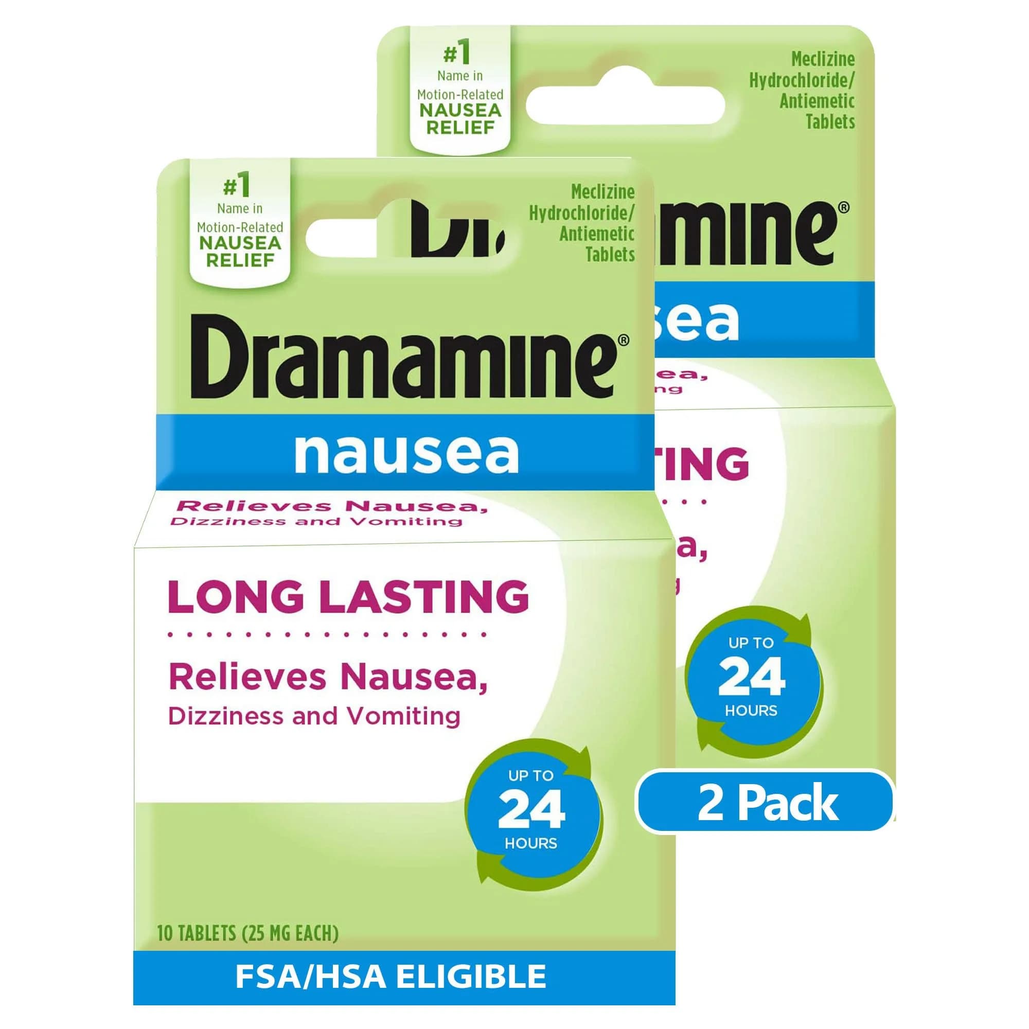 Dramamine Nausea Relief Tablets, Long-Lasting, 20 Tablets (2 x 10 Ct) | Fast Relief for Motion Sickness & Nausea — Long Lasting