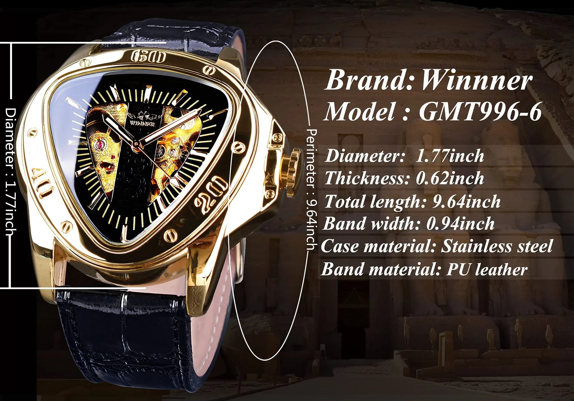 FORSINING Automatic Mechanical Watch for Men | Triangle Dial, Gold Skeleton, PU Leather Strap, 45mm Case - view 5