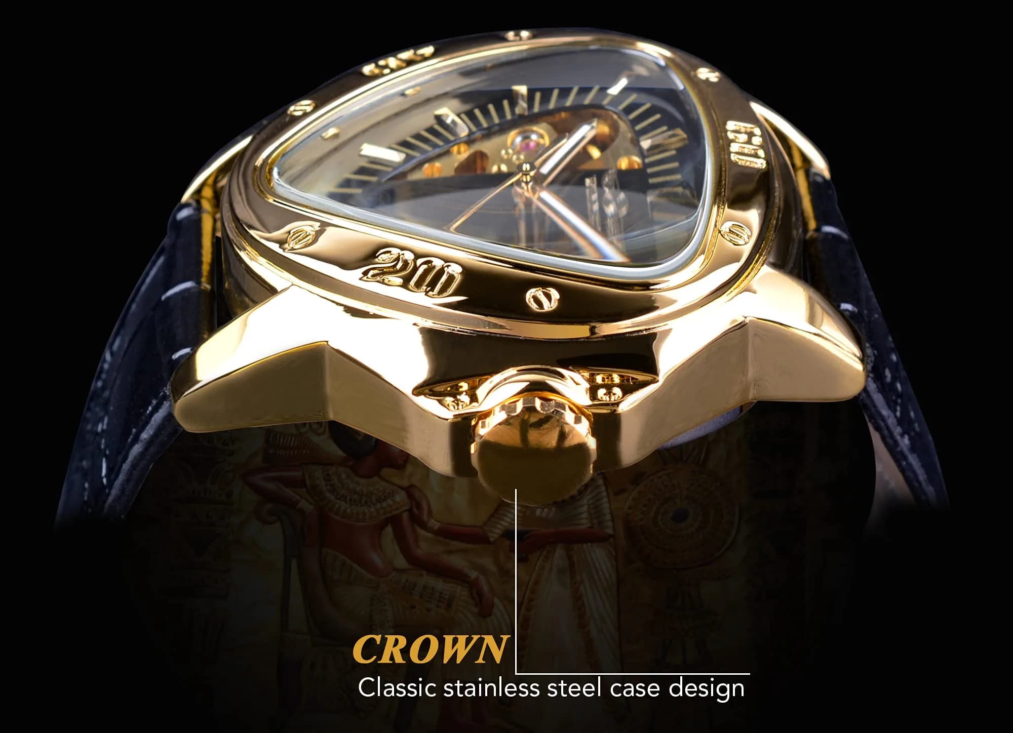 FORSINING Automatic Mechanical Watch for Men | Triangle Dial, Gold Skeleton, PU Leather Strap, 45mm Case - view 6