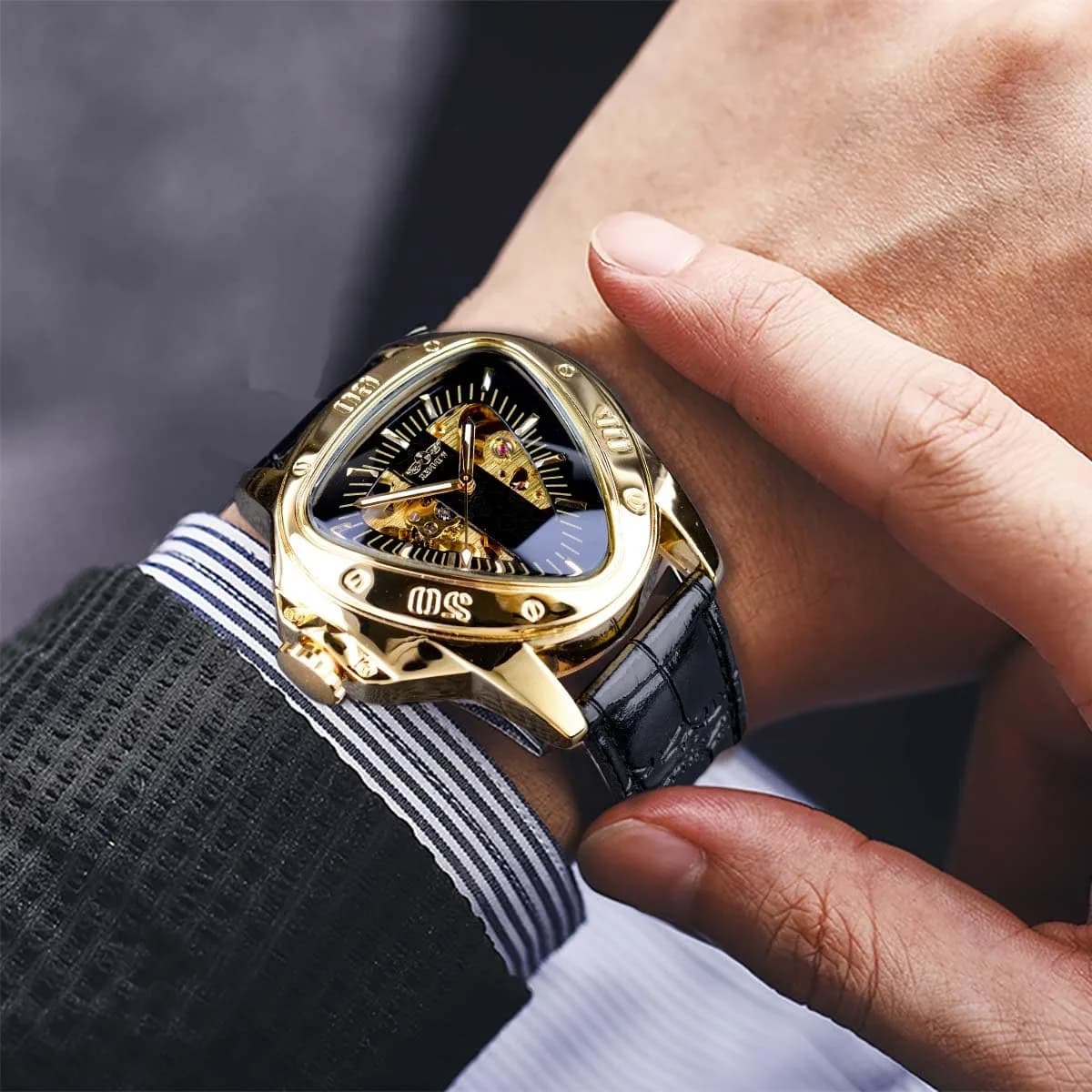 FORSINING Automatic Mechanical Watch for Men | Triangle Dial, Gold Skeleton, PU Leather Strap, 45mm Case - view 7