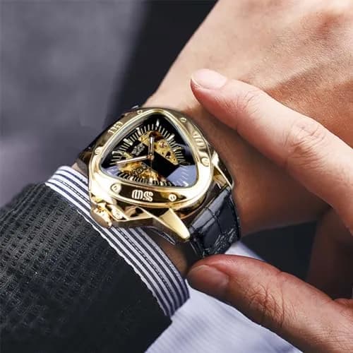 FORSINING Automatic Mechanical Watch for Men | Triangle Dial, Gold Skeleton, PU Leather Strap, 45mm Case thumbnail 7
