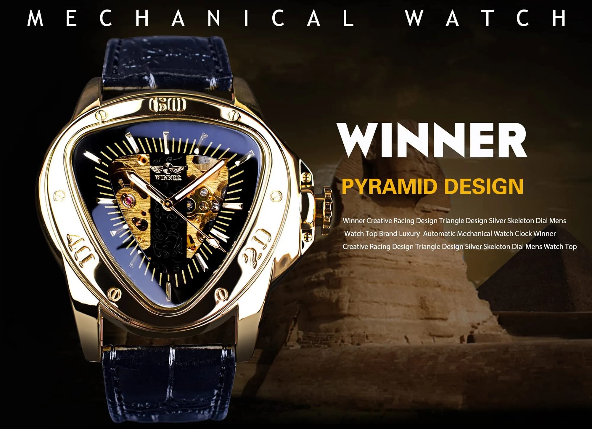 FORSINING Automatic Mechanical Watch for Men | Triangle Dial, Gold Skeleton, PU Leather Strap, 45mm Case - view 2