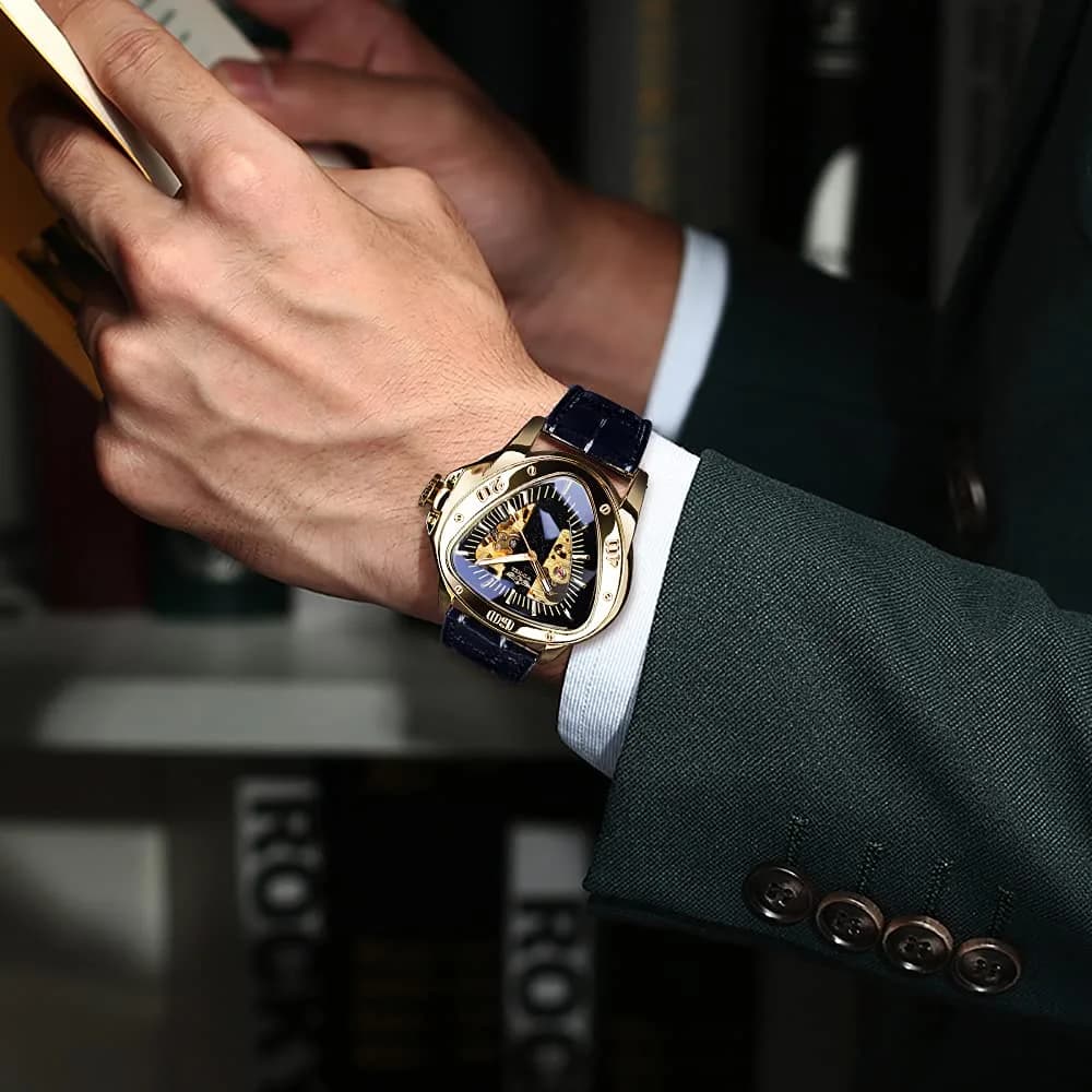 FORSINING Automatic Mechanical Watch for Men | Triangle Dial, Gold Skeleton, PU Leather Strap, 45mm Case - view 4