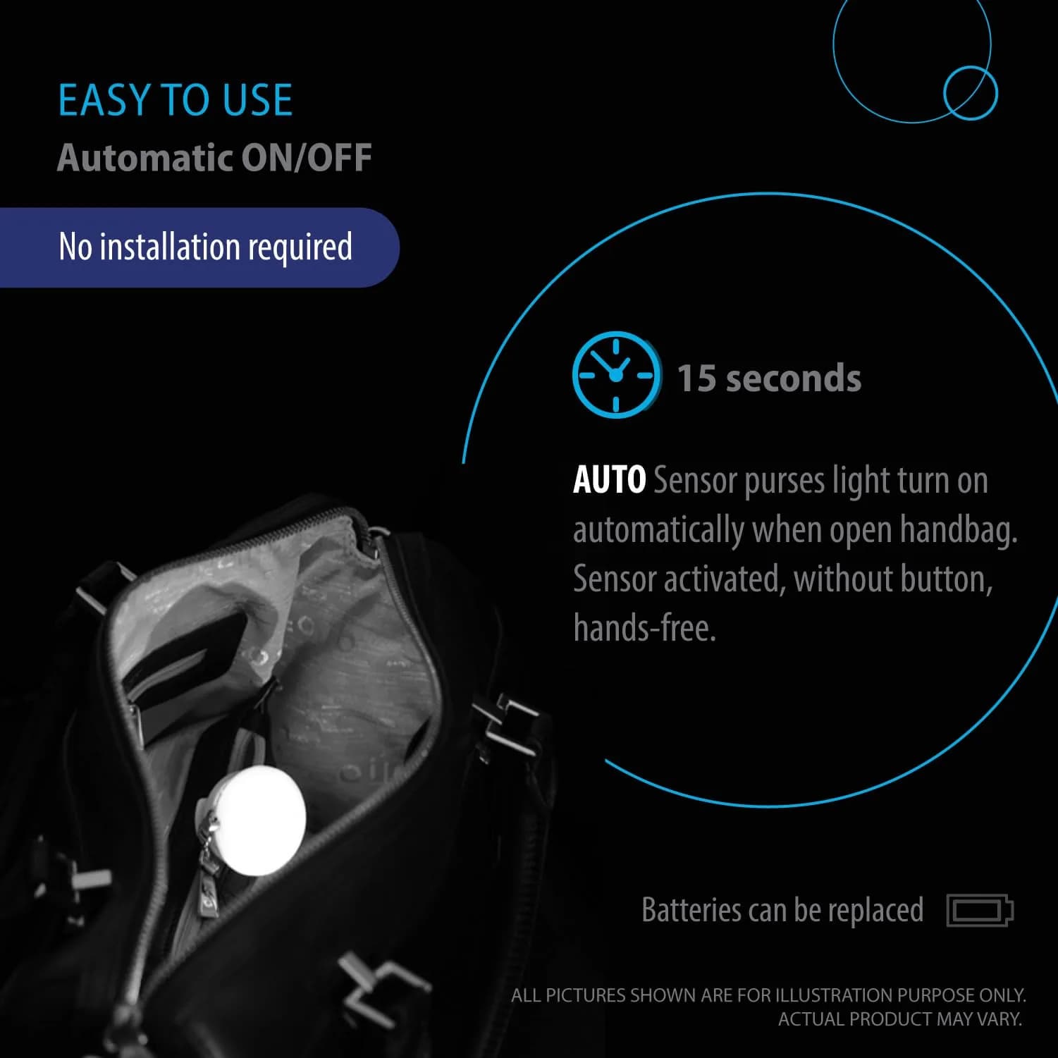 Deke Home Round Motion Sensor LED Handbag Light 2.6cm (1 inch) | Automatic On/Off for Bags - view 8