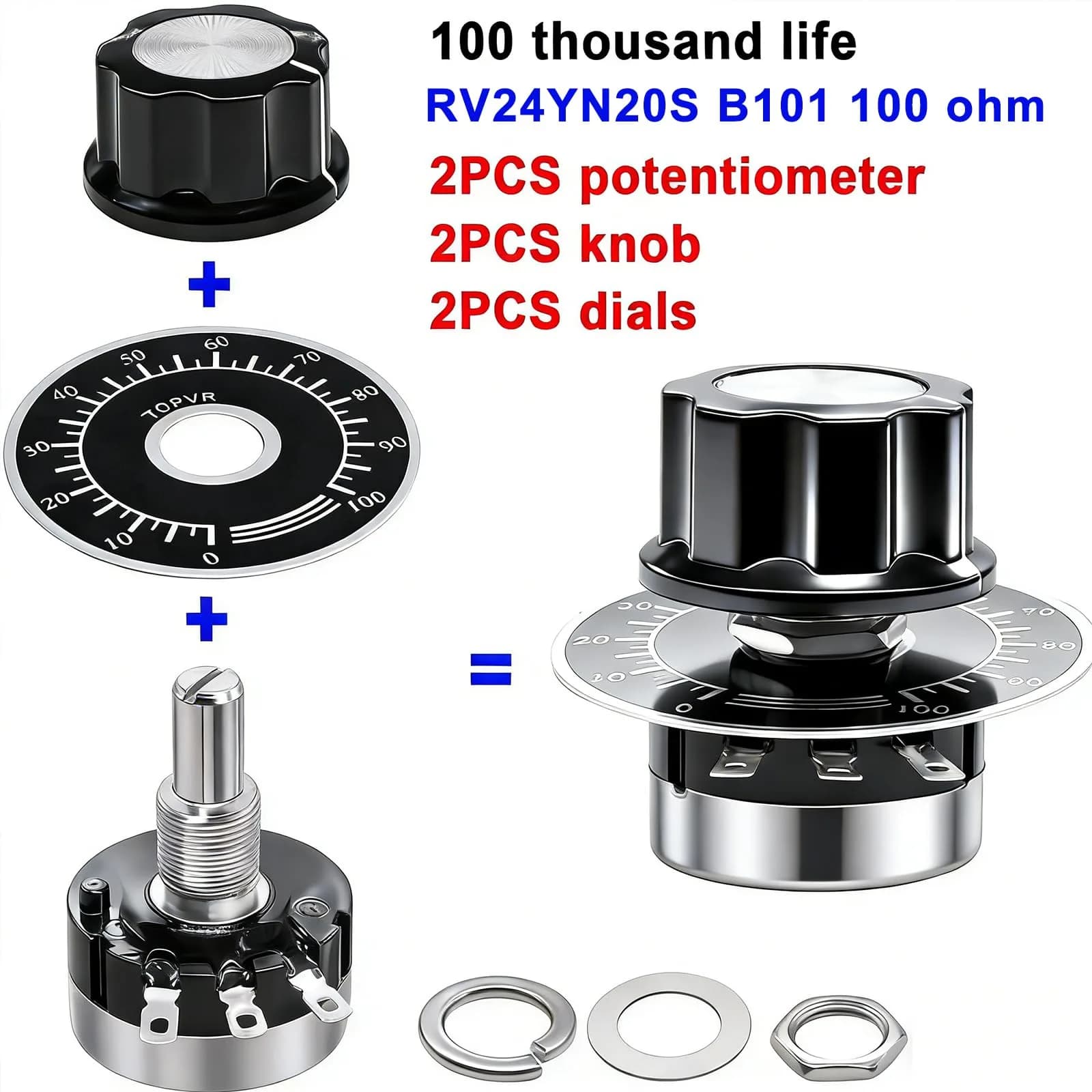 Taiss RV24YN20S Potentiometer 100 ohm Single Turn Carbon Film Rotary Taper Potentiometer with Knobs and Dials | Speed Regulation for Inverters and Motors - view 2