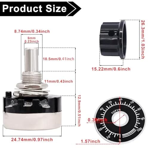Taiss RV24YN20S Potentiometer 100 ohm Single Turn Carbon Film Rotary Taper Potentiometer with Knobs and Dials | Speed Regulation for Inverters and Motors thumbnail 3