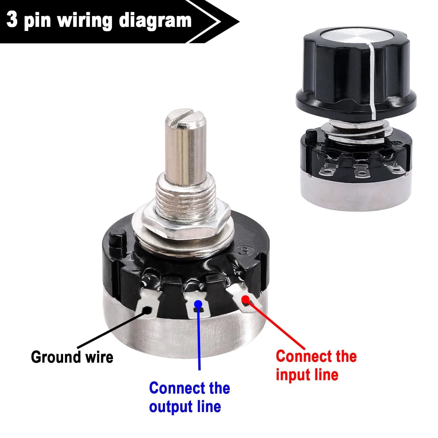 Taiss RV24YN20S Potentiometer 100 ohm Single Turn Carbon Film Rotary Taper Potentiometer with Knobs and Dials | Speed Regulation for Inverters and Motors - view 4