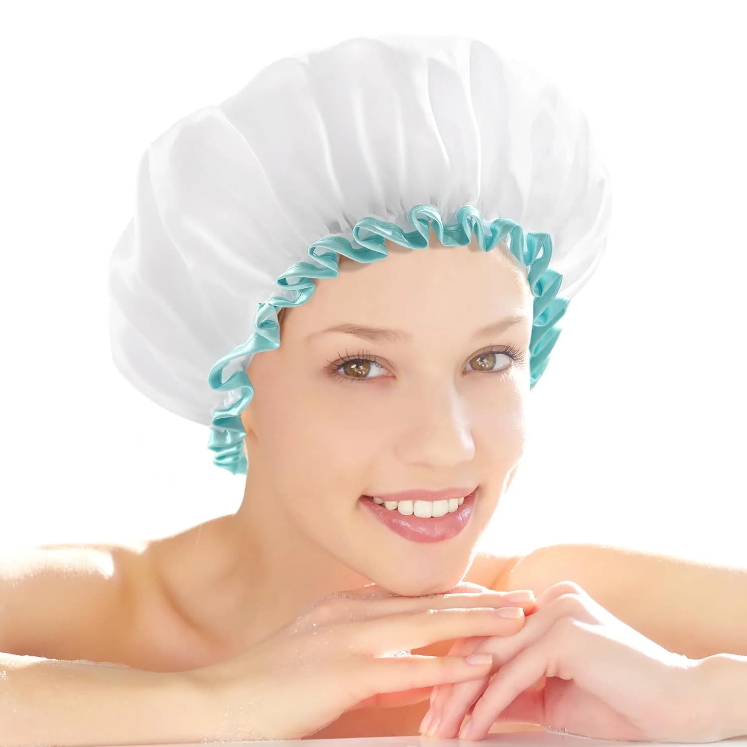 mikimini Large Shower Cap for Long Hair, White, 30cm (12 inch) | Waterproof & Reusable Hair Protection - main product image