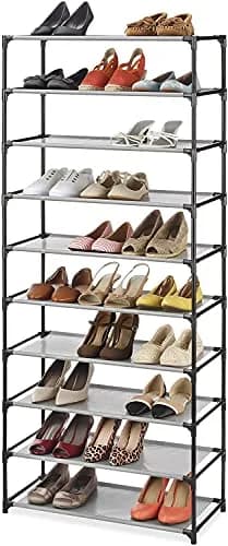 Whitmor Spacemaker 10 Tier Shoe Rack Tower, Tall Metal & Fabric Shoe Shelf Organizer for Entryway, Garage, Holds Shoes, Handbags & Accessories, 12" D×24.5" W×60" H, Grey & Black | Space-saving, versatile storage thumbnail 1