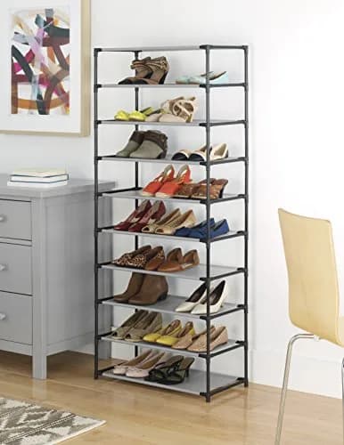 Whitmor Spacemaker 10 Tier Shoe Rack Tower, Tall Metal & Fabric Shoe Shelf Organizer for Entryway, Garage, Holds Shoes, Handbags & Accessories, 12" D×24.5" W×60" H, Grey & Black | Space-saving, versatile storage thumbnail 5