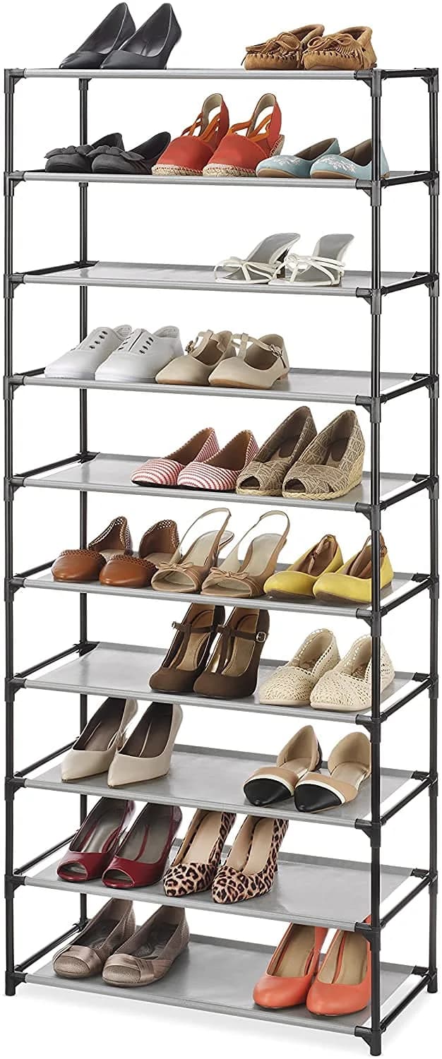 Whitmor Spacemaker 10 Tier Shoe Rack Tower, Tall Metal & Fabric Shoe Shelf Organizer for Entryway, Garage, Holds Shoes, Handbags & Accessories, 12" D×24.5" W×60" H, Grey & Black | Space-saving, versatile storage