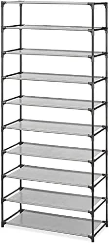 Whitmor Spacemaker 10 Tier Shoe Rack Tower, Tall Metal & Fabric Shoe Shelf Organizer for Entryway, Garage, Holds Shoes, Handbags & Accessories, 12" D×24.5" W×60" H, Grey & Black | Space-saving, versatile storage thumbnail 2