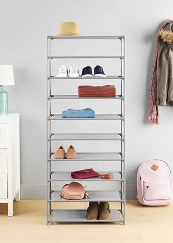 Whitmor Spacemaker 10 Tier Shoe Rack Tower, Tall Metal & Fabric Shoe Shelf Organizer for Entryway, Garage, Holds Shoes, Handbags & Accessories, 12" D×24.5" W×60" H, Grey & Black | Space-saving, versatile storage thumbnail 3