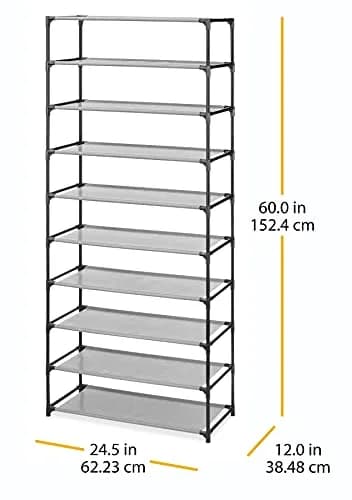 Whitmor Spacemaker 10 Tier Shoe Rack Tower, Tall Metal & Fabric Shoe Shelf Organizer for Entryway, Garage, Holds Shoes, Handbags & Accessories, 12" D×24.5" W×60" H, Grey & Black | Space-saving, versatile storage thumbnail 4