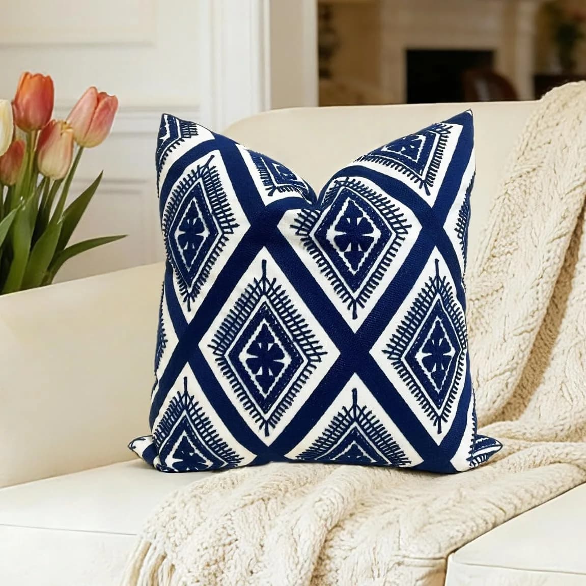 Slow Cow Embroidered Throw Pillow Cover 18 x 18 Inch Navy Blue | Intricate Embroidery for Home Decor