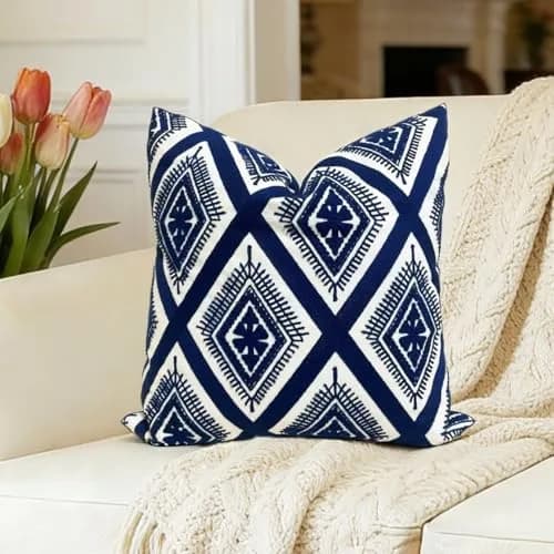 Slow Cow Embroidered Throw Pillow Cover 18 x 18 Inch Navy Blue | Intricate Embroidery for Home Decor thumbnail 1