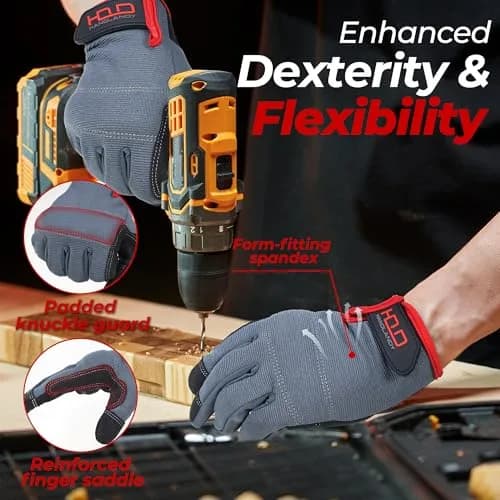 HANDLANDY Men's Work Gloves Touchscreen Synthetic Leather Utility Gloves with Padded Knuckles & Palm (Large, Grey) thumbnail 3