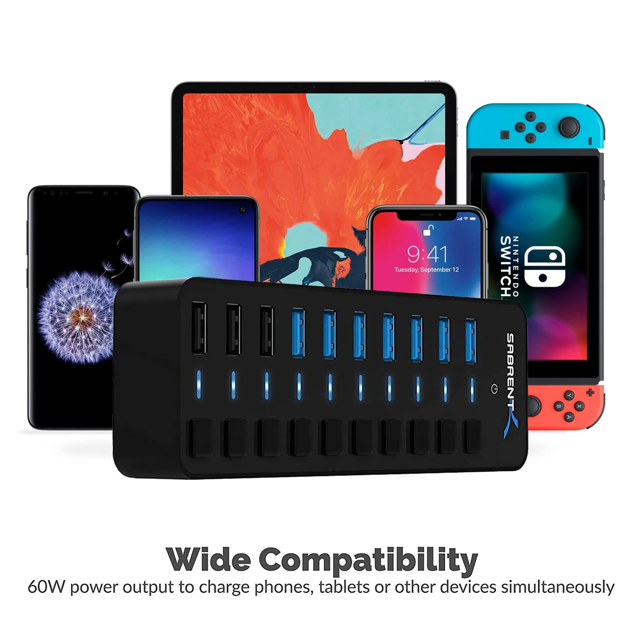 Sabrent 10-Port Powered USB 3.0 Hub with 3 Smart Charging Ports & 60W Adapter | Expands Connectivity for PC, Mac, Linux - view 2