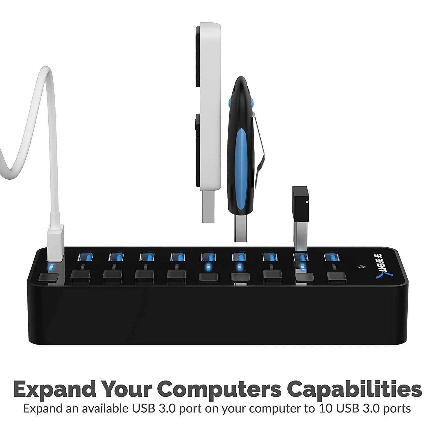 Sabrent 10-Port 60W Powered USB 3.0 Hub with Individual Switches & LEDs | Expands Connectivity for PC & Mac - view 2