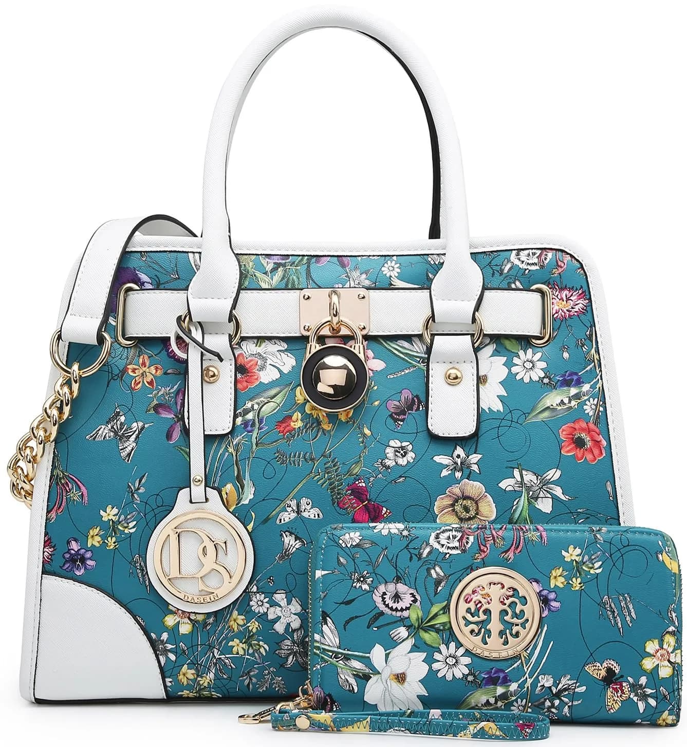 Dasein Women Handbags Top Handle Satchel Purse Shoulder Bag Hobo Bag Set 2pcs (White Floral) | Vegan Leather, Structured Design, 2pcs Set — Blue Floral