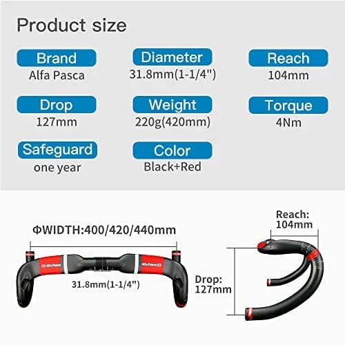 Alfa Pasca Aero Handlebars Carbon Drop Bars 31.8x420mm 210g ±10g | Ultra-Light Matte Black with Red Accents thumbnail 2
