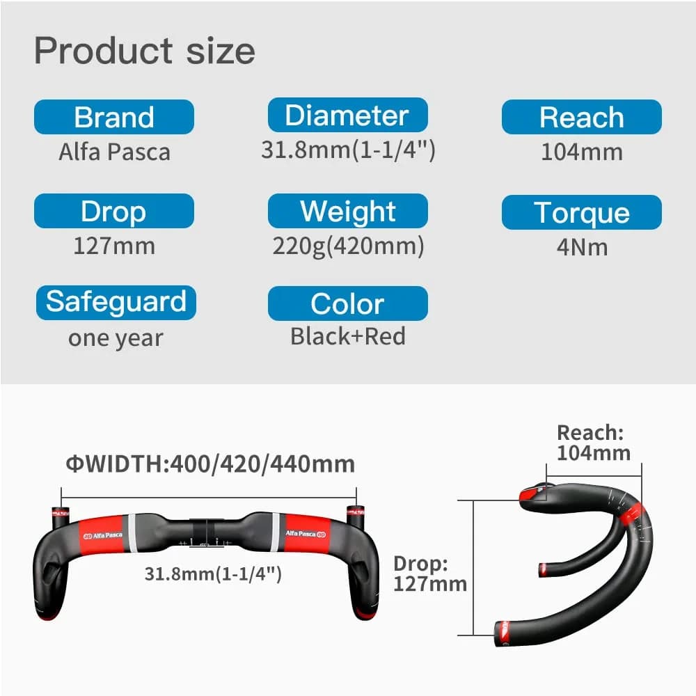 Alfa Pasca Aero Handlebars Carbon Drop Bars 31.8x420mm 210g ±10g | Ultra-Light Matte Black with Red Accents - view 2