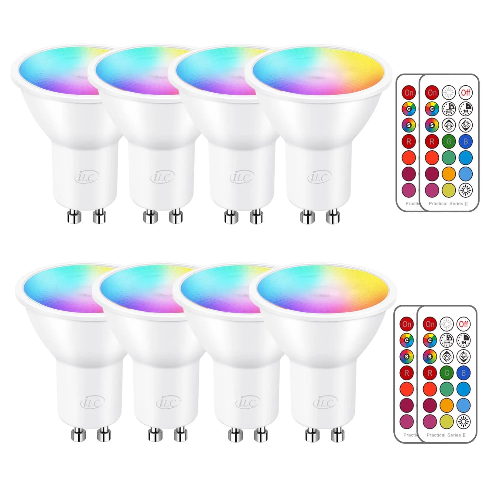 ILC GU10 LED Color Changing Light Bulb 5W RGB + 2700K Warm White, 450 Lumens, 45° Beam Angle, Pack of 8 | Dimmable with Remote Control - main product image