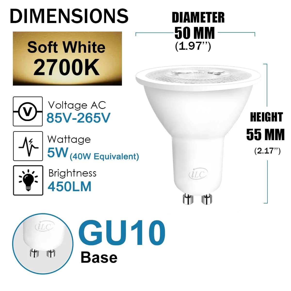 ILC GU10 LED Color Changing Light Bulb 5W RGB + 2700K Warm White, 450 Lumens, 45° Beam Angle, Pack of 8 | Dimmable with Remote Control - view 3