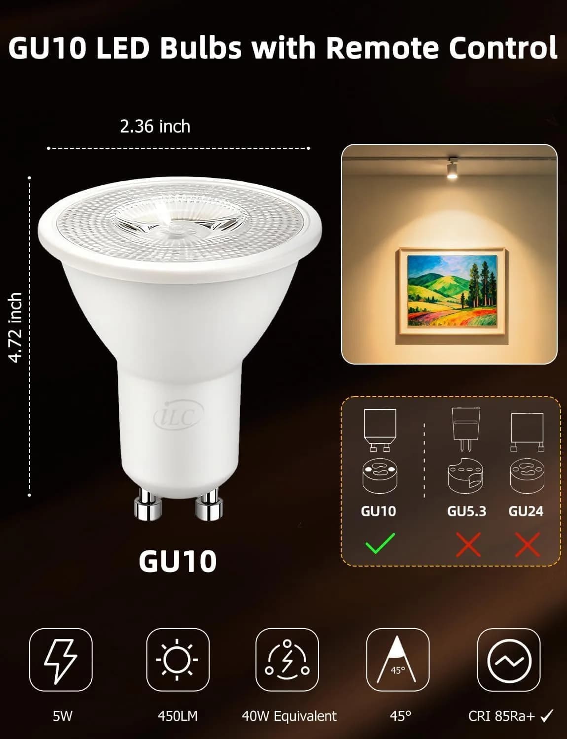 ILC GU10 LED Color Changing Light Bulb 5W (450 Lumens) with Remote Control, Pack of 4 | 12 Colors, 2700K Warm White - view 8