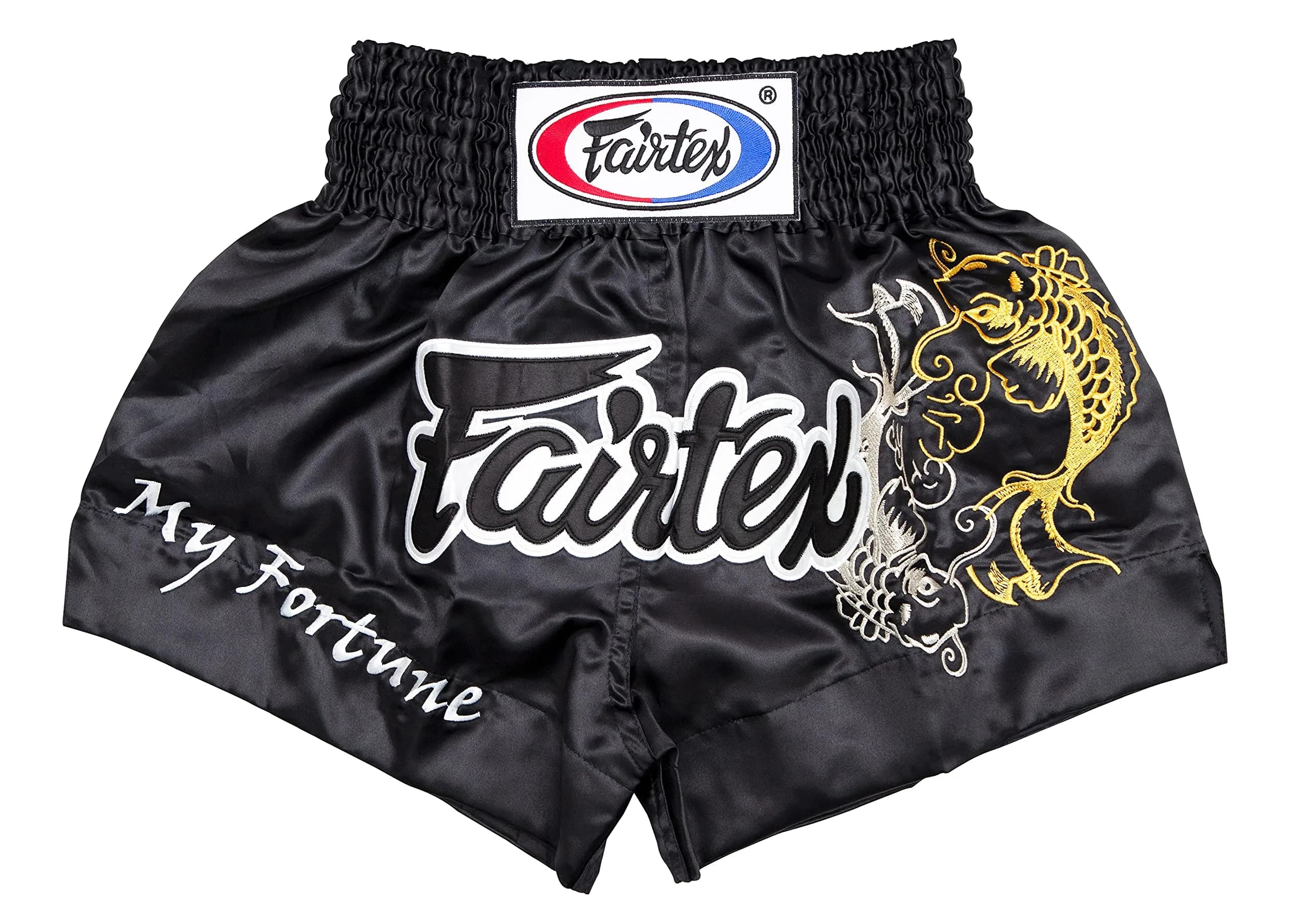 Fairtex Muay Thai Boxing Shorts Traditional Styles (Fortune Black, Small) | Microfiber, Lightweight & Breathable