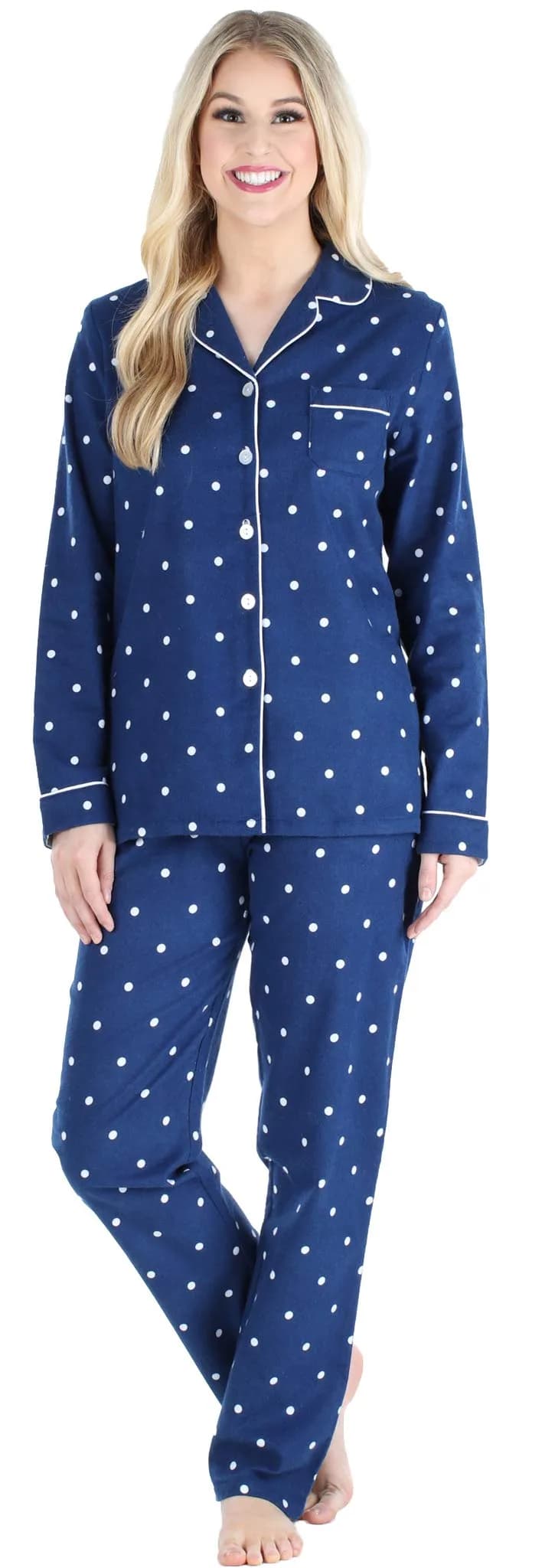 PajamaMania Women's Cotton Flannel Pajama Set, Navy Polka Dot, Medium | Relaxed Fit, Warm & Soft for Indian Nights