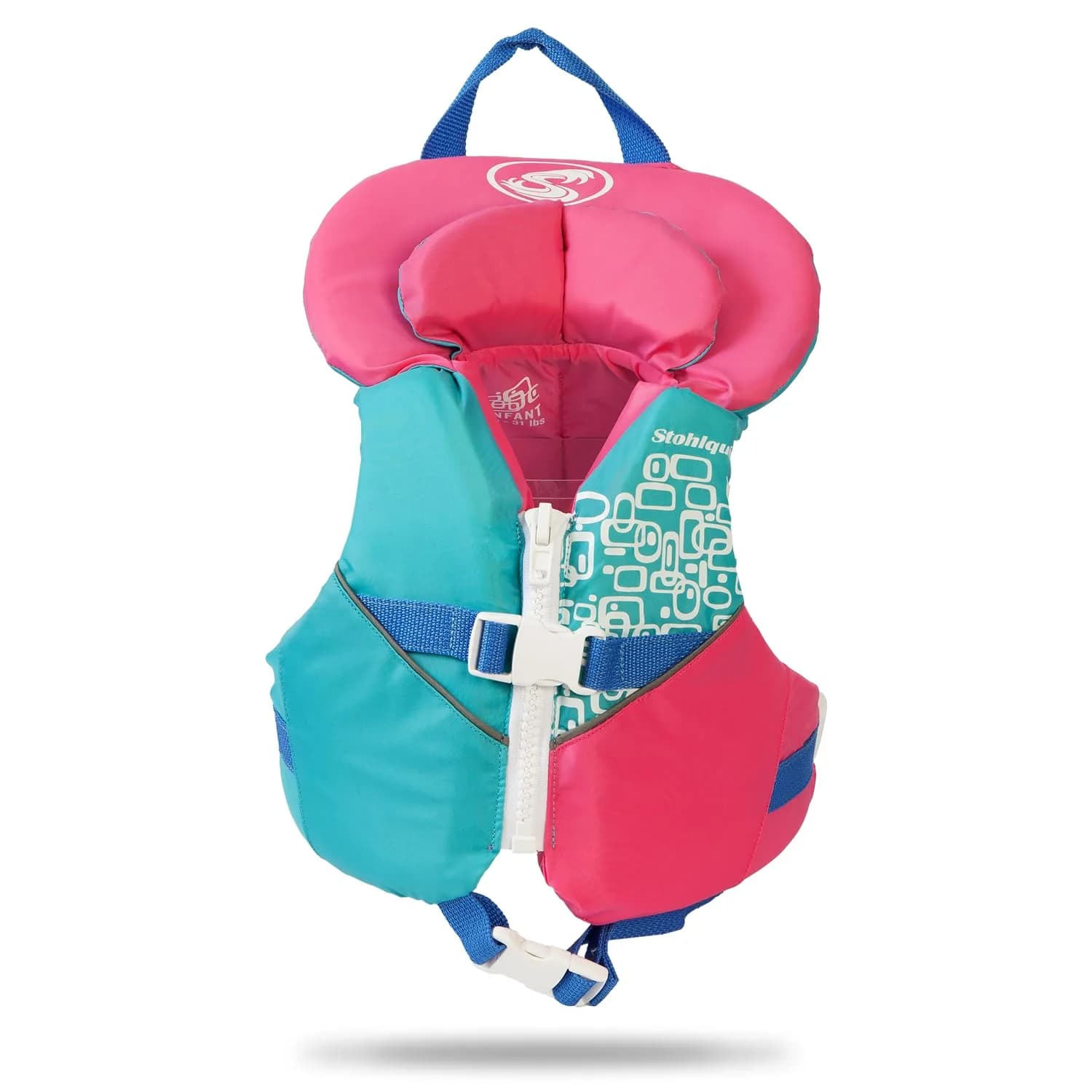 Stohlquist Toddler Life Jacket 20-30 lbs | US Coast Guard Approved, Soft Neck Support, Lightweight & Durable — Aqua/Pink