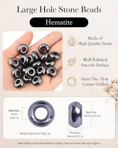 SUNYIK Hematite Large Hole (6mm) Rondelle Beads Pack of 20 | Jewelry Making & DIY Crafts thumbnail 2