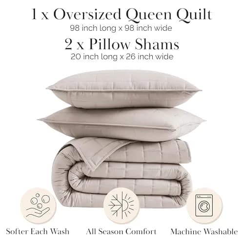 Southshore Fine Living Oversized Full / Queen Quilt Set with 2 Matching Quilted Pillow Shams, Bone | All-Season Microfiber Bedding thumbnail 2