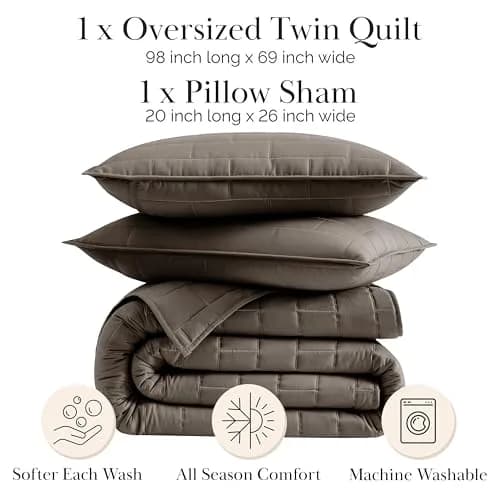 Southshore Fine Living Oversized Twin Quilt Bedding Set | Microfiber, Taupe, 68x98 in thumbnail 2