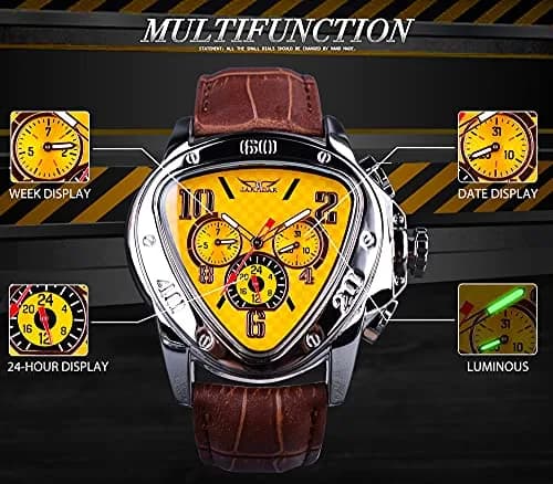 FORSINING Automatic Mechanical Wrist Watch for Men | 45mm Case, Leather Band, Yellow Dial thumbnail 4