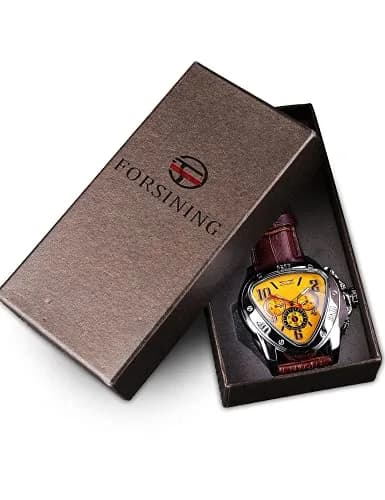 FORSINING Automatic Mechanical Wrist Watch for Men | 45mm Case, Leather Band, Yellow Dial thumbnail 7