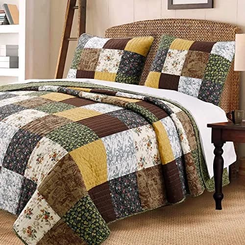 Cozy Line Home Fashions 3-Piece Cotton Patchwork Quilt Set | Reversible Country Farmhouse Bedding (Queen) thumbnail 1