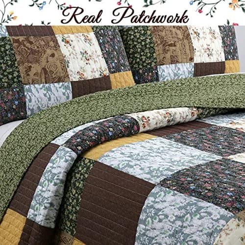 Cozy Line Home Fashions 3-Piece Cotton Patchwork Quilt Set | Reversible Country Farmhouse Bedding (Queen) thumbnail 2