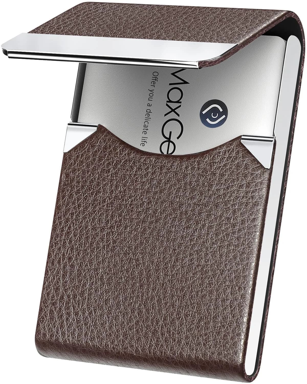 MaxGear Business Card Holder, PU Leather, Coffee | Slim, RFID Protected, Organized for Professionals