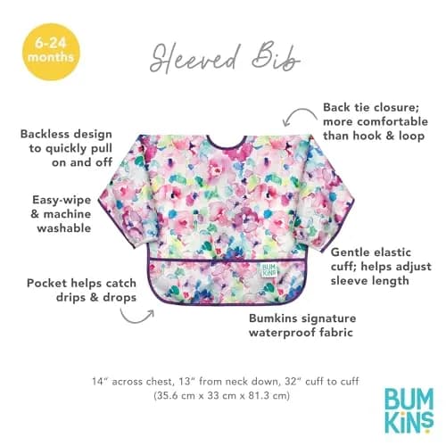 Bumkins Sleeved Bib for Baby & Toddler 6-24 Mos Watercolor Floral | Long Sleeve Mess Saver thumbnail 5