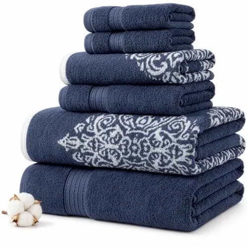 Modern Threads 6-Piece Cotton Damask Towel Set, Navy | Ultra-Absorbent, Soft & Durable thumbnail 1