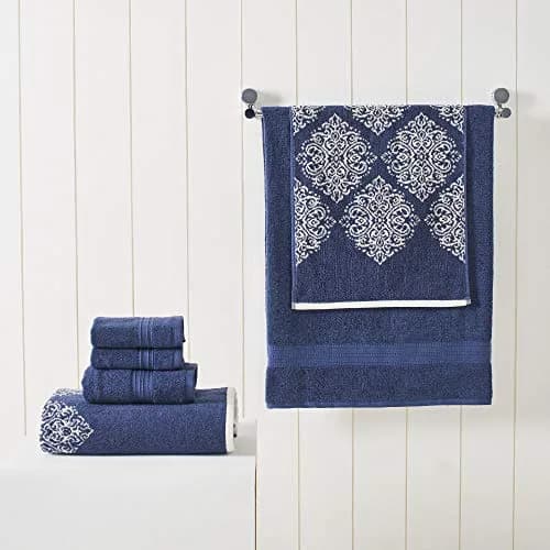 Modern Threads 6-Piece Cotton Damask Towel Set, Navy | Ultra-Absorbent, Soft & Durable thumbnail 2