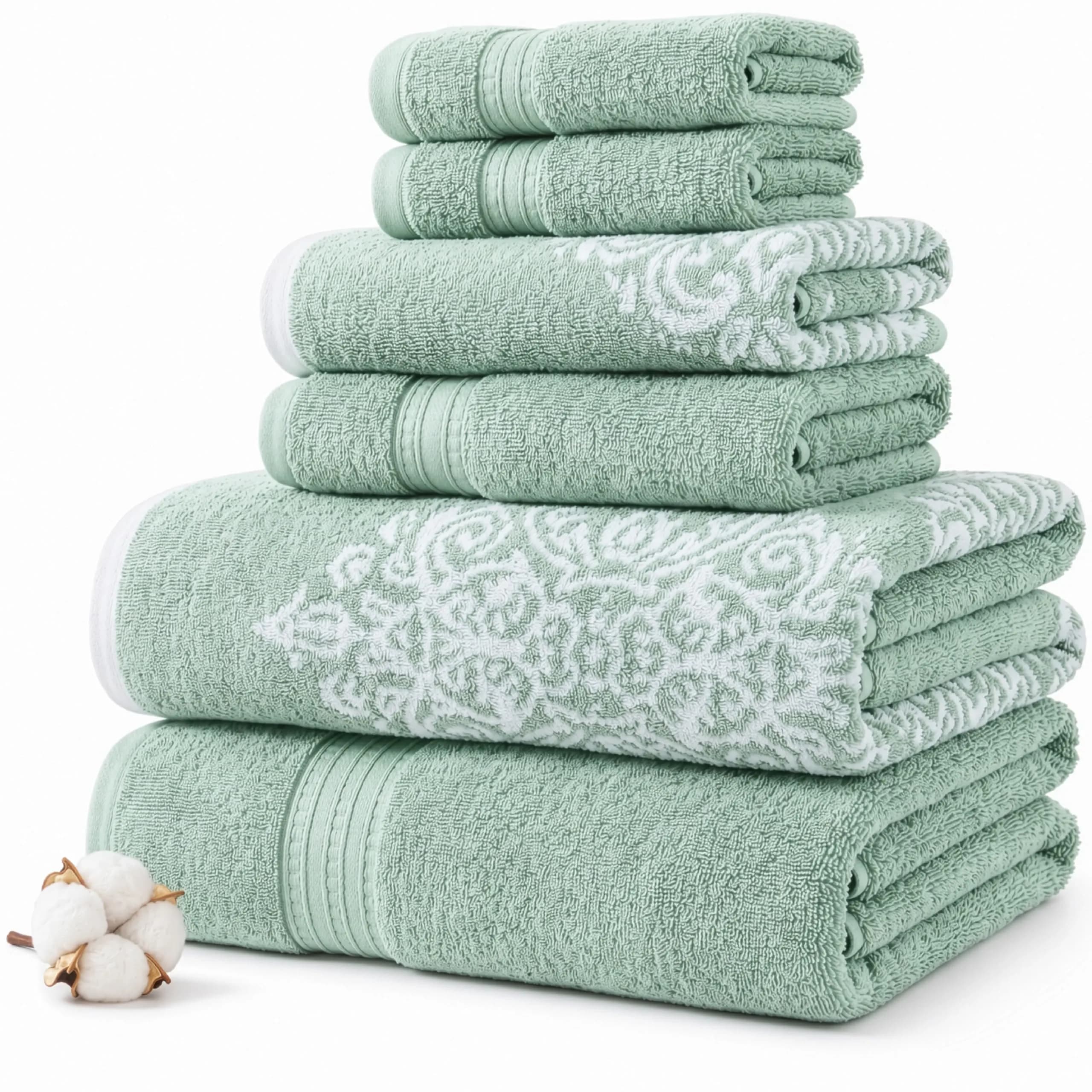 Modern Threads 6-Piece 100% Cotton Damask Medallion Towel Set, Sage | Highly Absorbent, Soft & Plush, Quick-Drying, 550 GSM, Color-Rich Yarn-Dyed Design